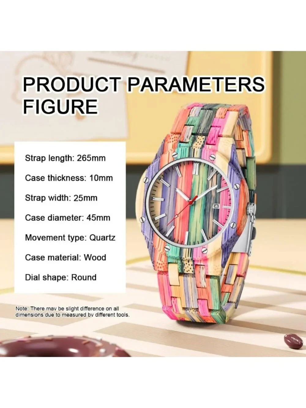 Men's Multicolor Analog Quartz Handmade Colorful Bamboo Geometric Wooden Watch